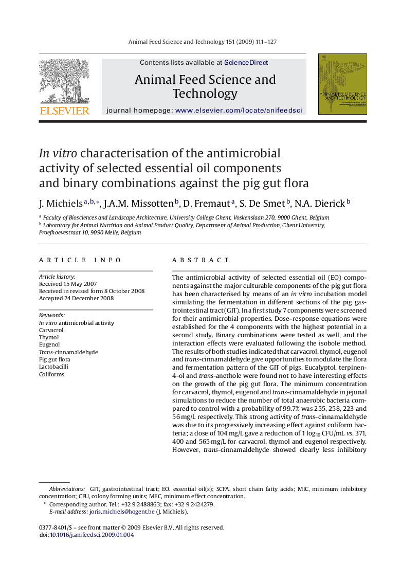 In vitro characterisation of the antimicrobial activity of selected essential oil components and binary combinations against the pig gut flora