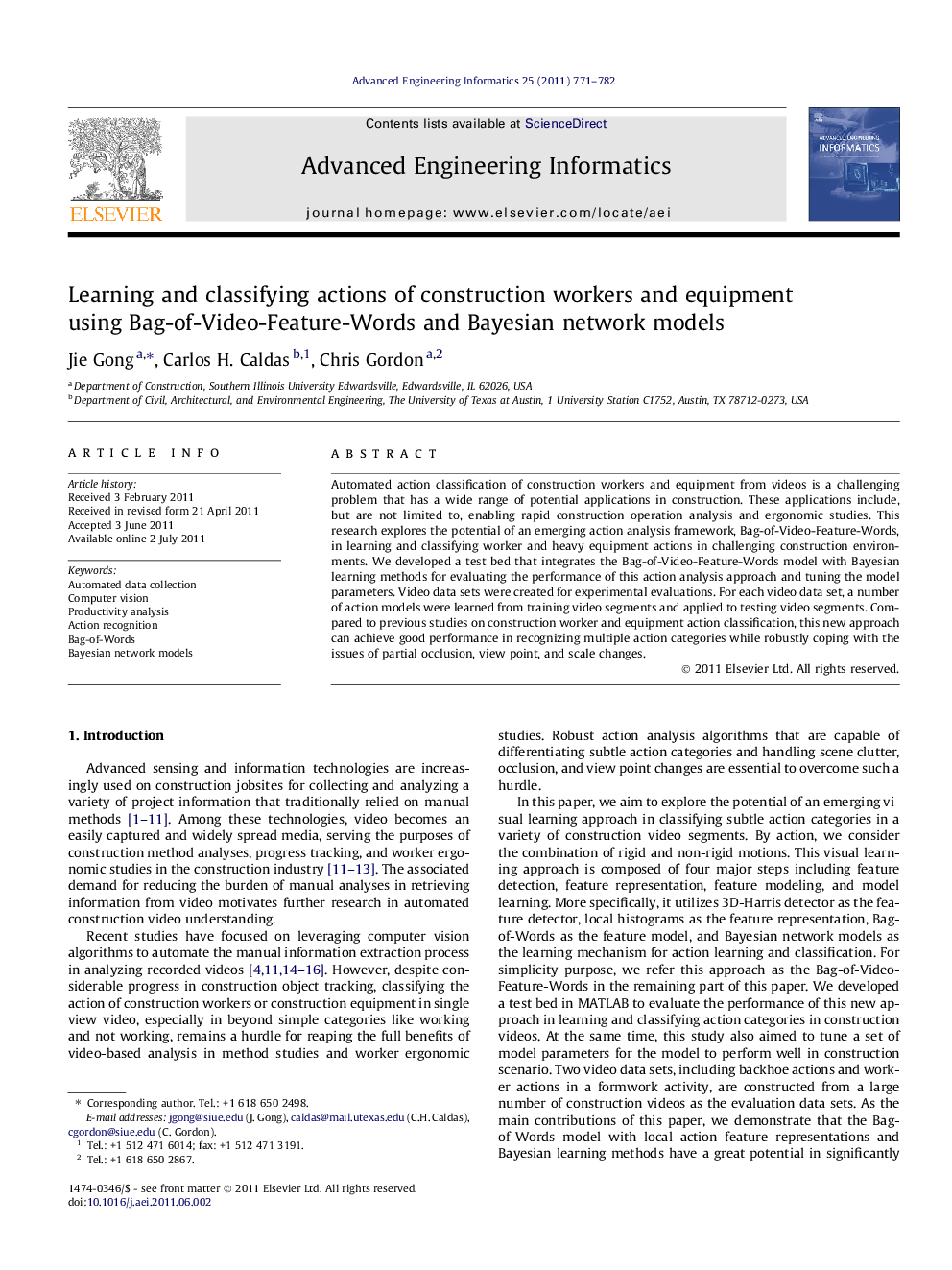 Learning and classifying actions of construction workers and equipment using Bag-of-Video-Feature-Words and Bayesian network models