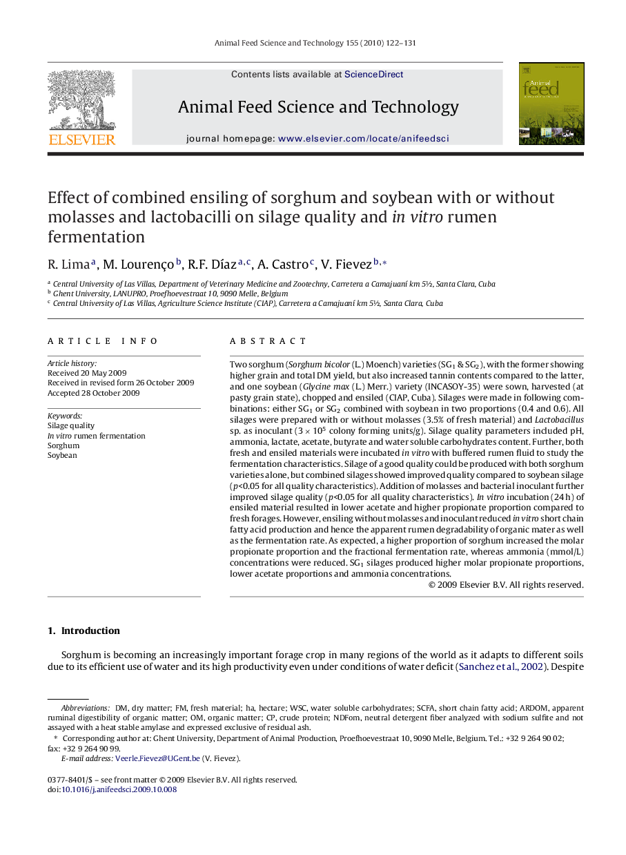 Effect of combined ensiling of sorghum and soybean with or without molasses and lactobacilli on silage quality and in vitro rumen fermentation