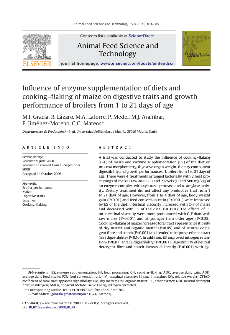 Influence of enzyme supplementation of diets and cooking–flaking of maize on digestive traits and growth performance of broilers from 1 to 21 days of age