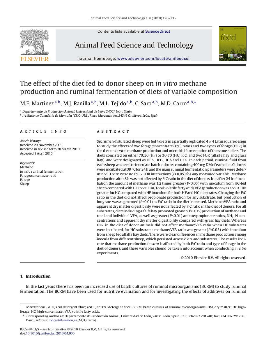 The effect of the diet fed to donor sheep on in vitro methane production and ruminal fermentation of diets of variable composition