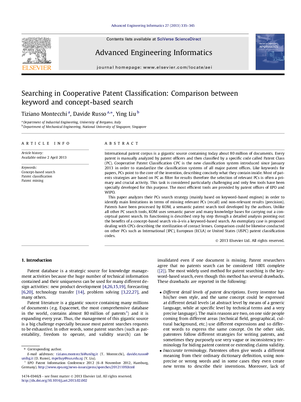 Searching in Cooperative Patent Classification: Comparison between keyword and concept-based search