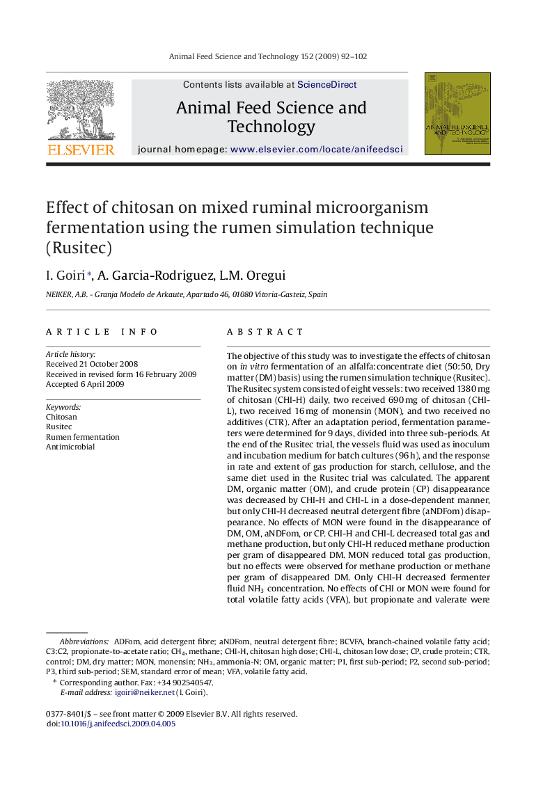 Effect of chitosan on mixed ruminal microorganism fermentation using the rumen simulation technique (Rusitec)