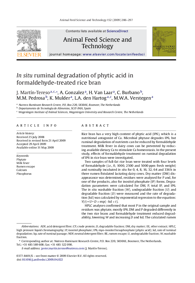 In situ ruminal degradation of phytic acid in formaldehyde-treated rice bran