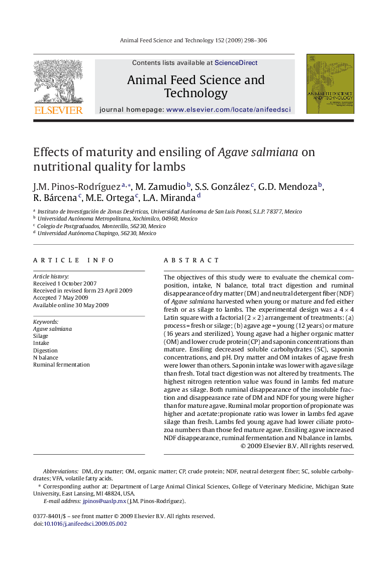 Effects of maturity and ensiling of Agave salmiana on nutritional quality for lambs