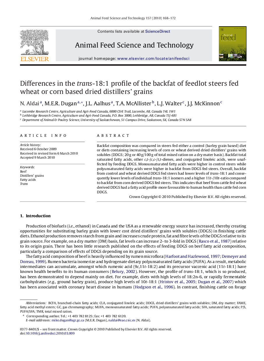 Differences in the trans-18:1 profile of the backfat of feedlot steers fed wheat or corn based dried distillers’ grains