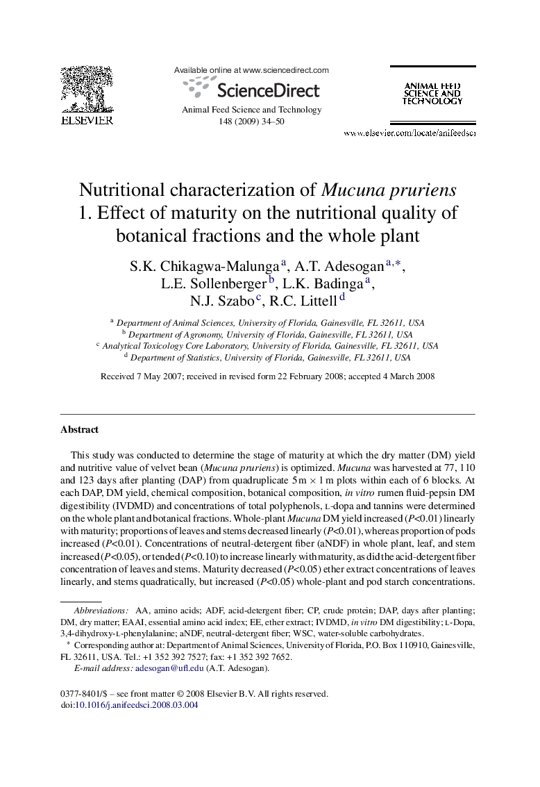 Nutritional characterization of Mucuna pruriens: 1. Effect of maturity on the nutritional quality of botanical fractions and the whole plant