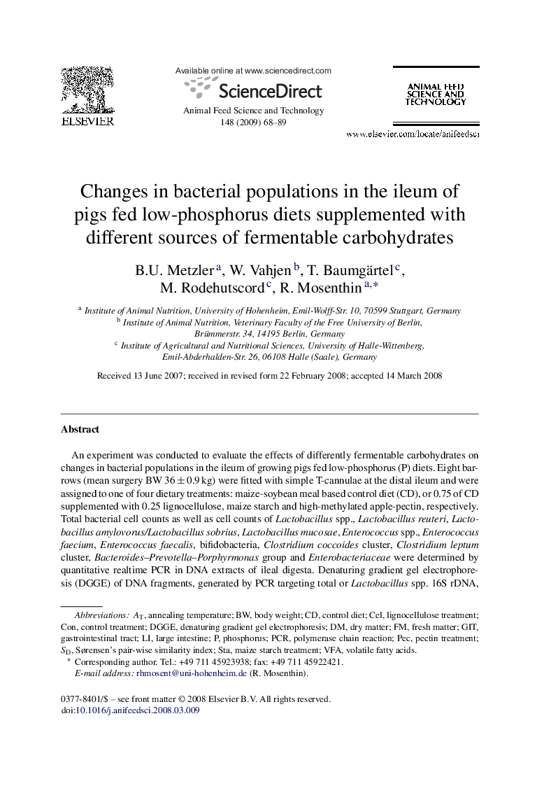 Changes in bacterial populations in the ileum of pigs fed low-phosphorus diets supplemented with different sources of fermentable carbohydrates