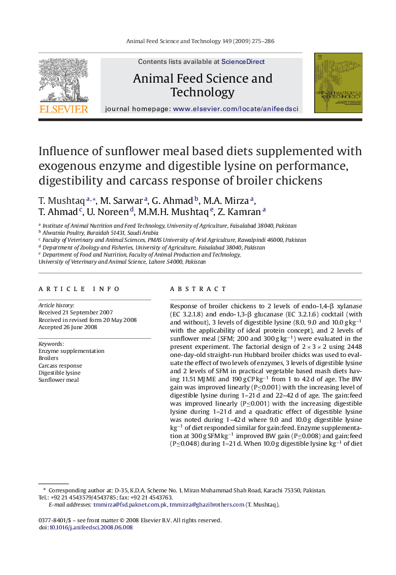 Influence of sunflower meal based diets supplemented with exogenous enzyme and digestible lysine on performance, digestibility and carcass response of broiler chickens