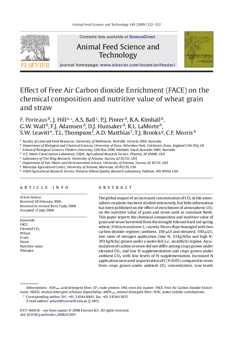 Effect of Free Air Carbon dioxide Enrichment (FACE) on the chemical composition and nutritive value of wheat grain and straw