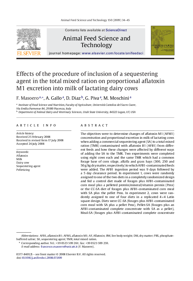 Effects of the procedure of inclusion of a sequestering agent in the total mixed ration on proportional aflatoxin M1 excretion into milk of lactating dairy cows