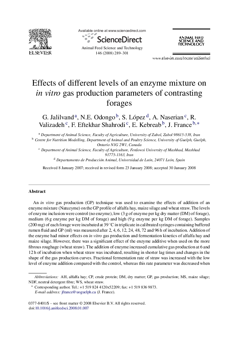 Effects of different levels of an enzyme mixture on in vitro gas production parameters of contrasting forages