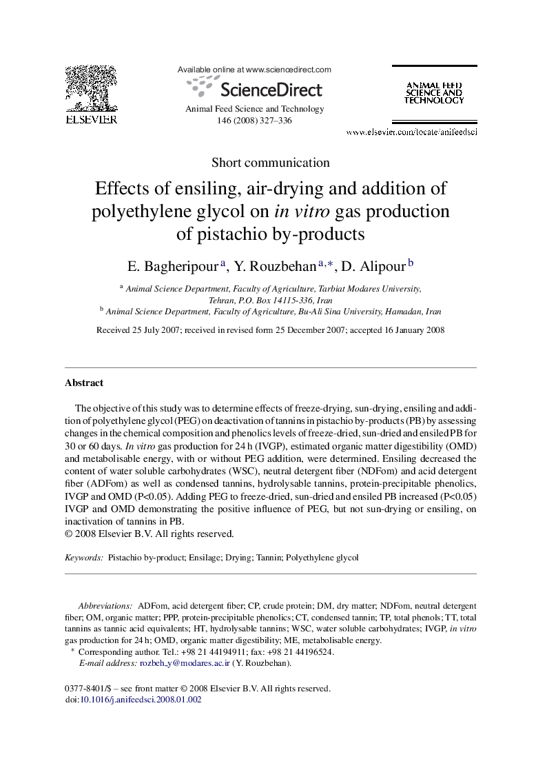 Effects of ensiling, air-drying and addition of polyethylene glycol on in vitro gas production of pistachio by-products