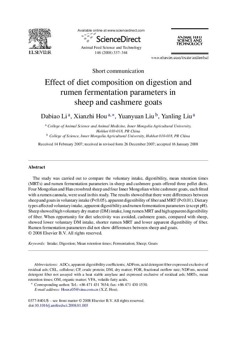 Effect of diet composition on digestion and rumen fermentation parameters in sheep and cashmere goats