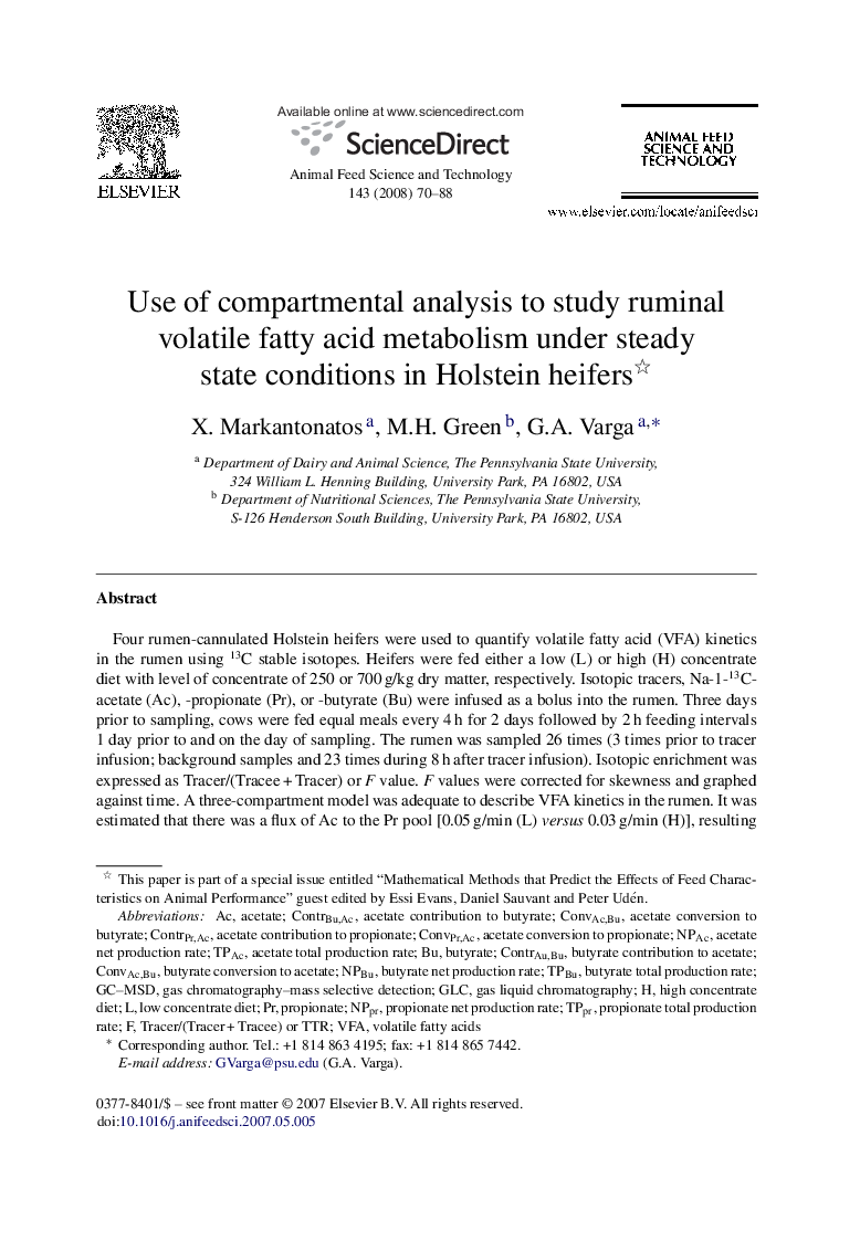 Use of compartmental analysis to study ruminal volatile fatty acid metabolism under steady state conditions in Holstein heifers 