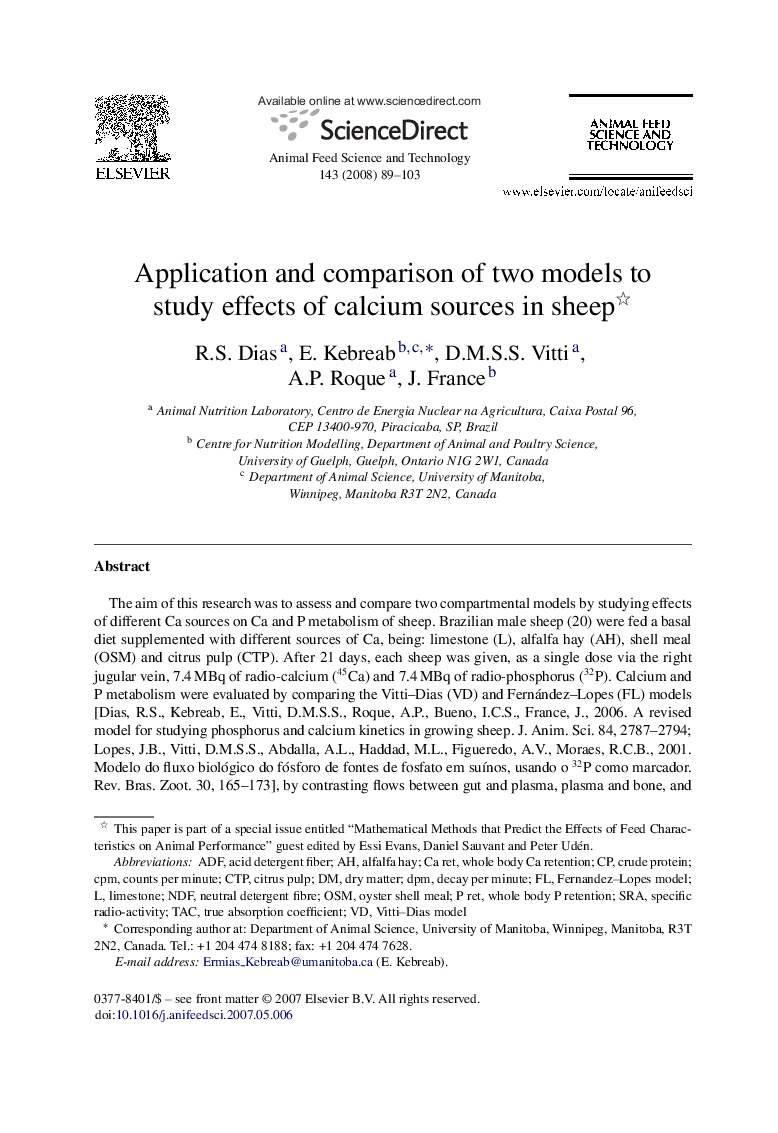 Application and comparison of two models to study effects of calcium sources in sheep