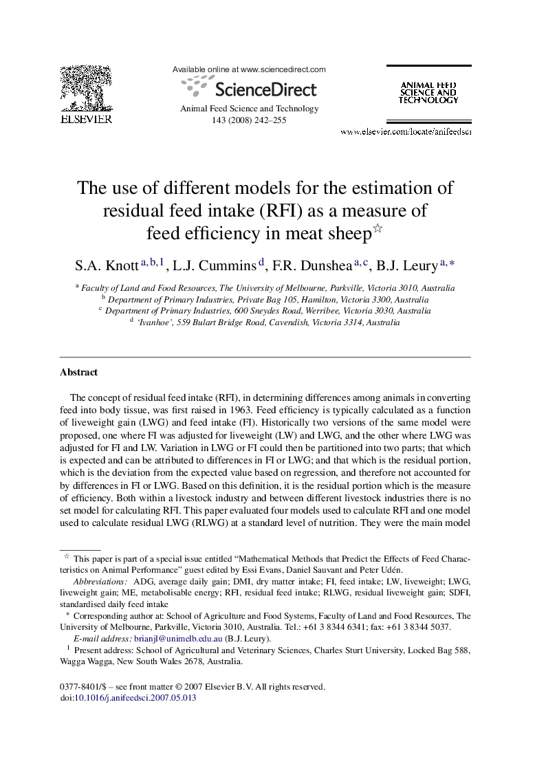 The use of different models for the estimation of residual feed intake (RFI) as a measure of feed efficiency in meat sheep 