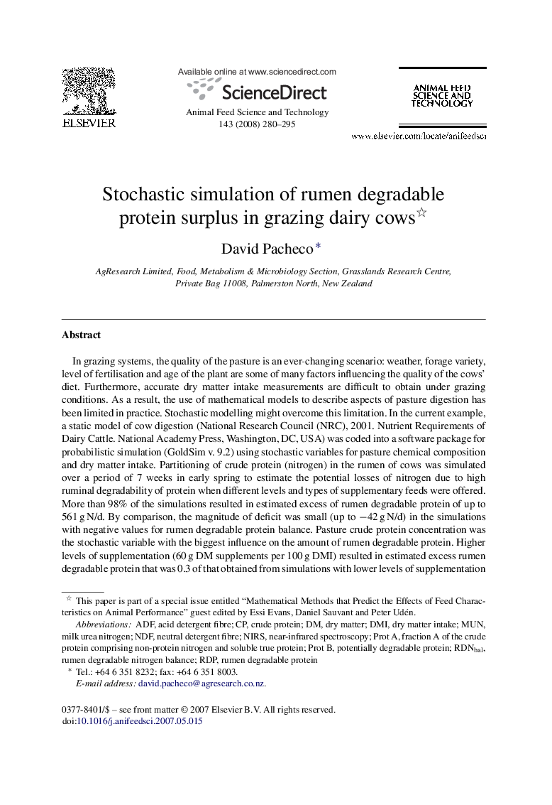 Stochastic simulation of rumen degradable protein surplus in grazing dairy cows 