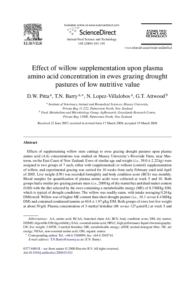 Effect of willow supplementation upon plasma amino acid concentration in ewes grazing drought pastures of low nutritive value