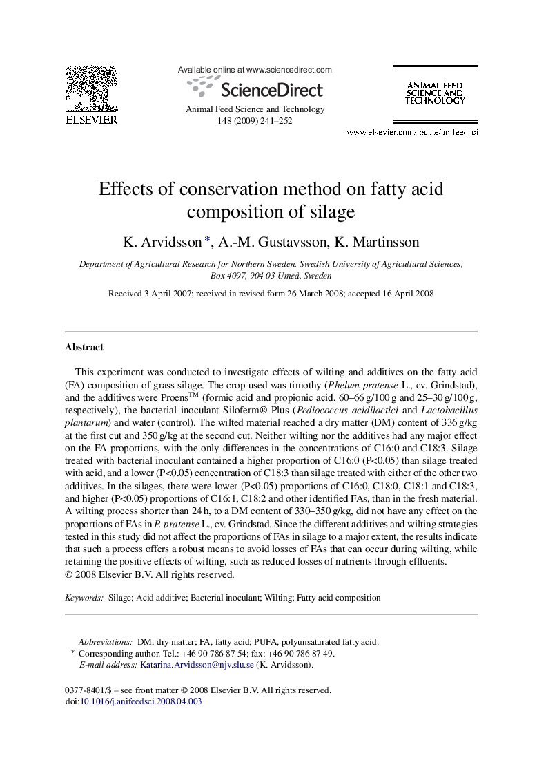 Effects of conservation method on fatty acid composition of silage