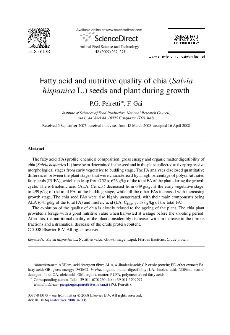 Fatty acid and nutritive quality of chia (Salvia hispanica L.) seeds and plant during growth