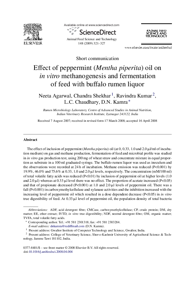 Effect of peppermint (Mentha piperita) oil on in vitro methanogenesis and fermentation of feed with buffalo rumen liquor