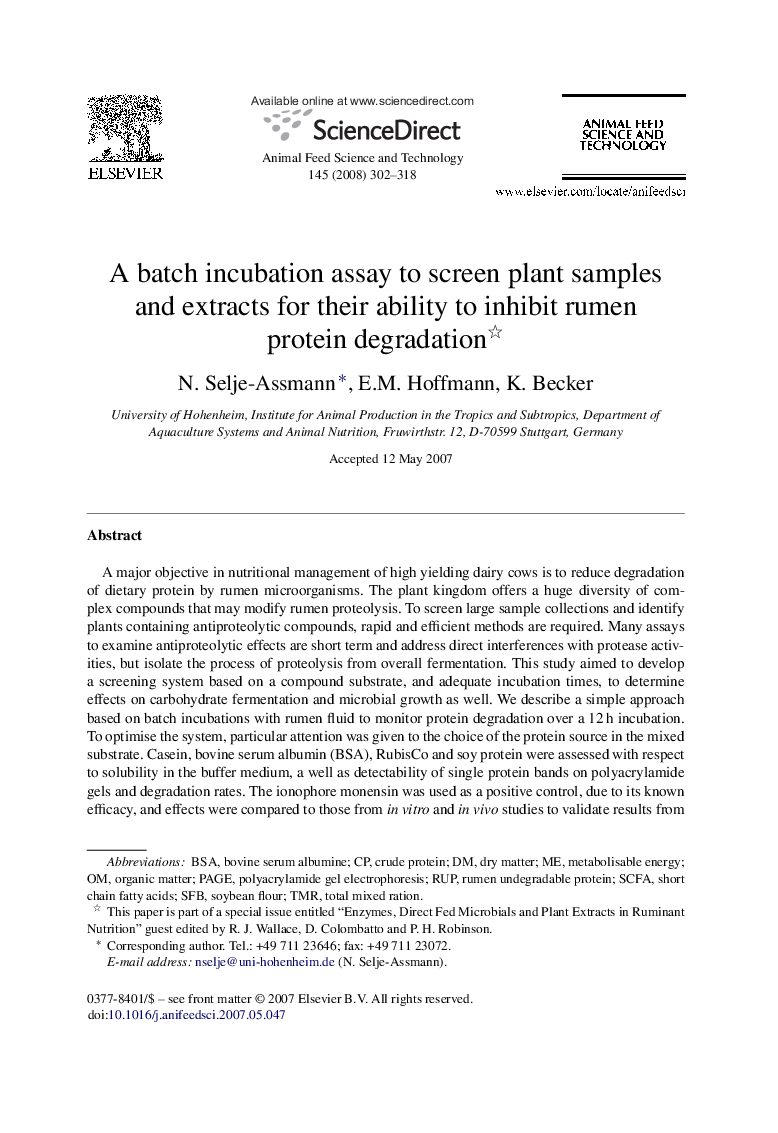 A batch incubation assay to screen plant samples and extracts for their ability to inhibit rumen protein degradation 