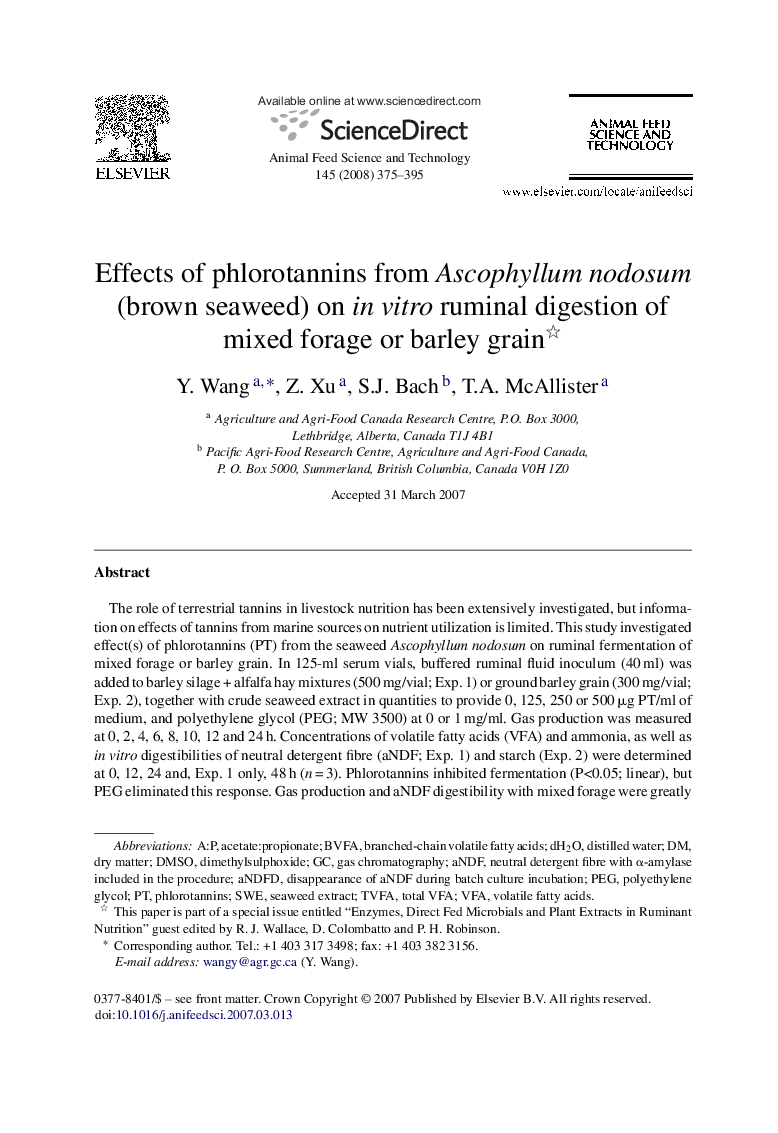 Effects of phlorotannins from Ascophyllum nodosum (brown seaweed) on in vitro ruminal digestion of mixed forage or barley grain 