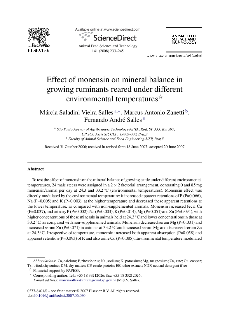 عکس صفحه اول مقاله: Effect of monensin on mineral balance in growing ruminants reared under different environmental temperatures Effect of monensin on mineral balance in growing ruminants reared under different environmental temperatures