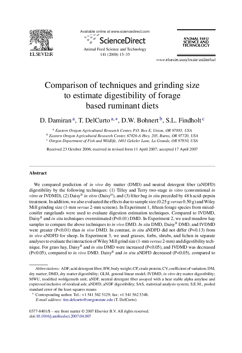 Comparison of techniques and grinding size to estimate digestibility of forage based ruminant diets