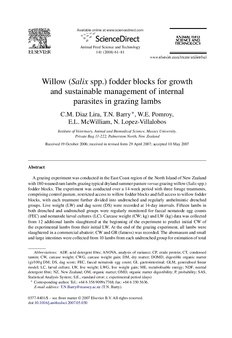 Willow (Salix spp.) fodder blocks for growth and sustainable management of internal parasites in grazing lambs