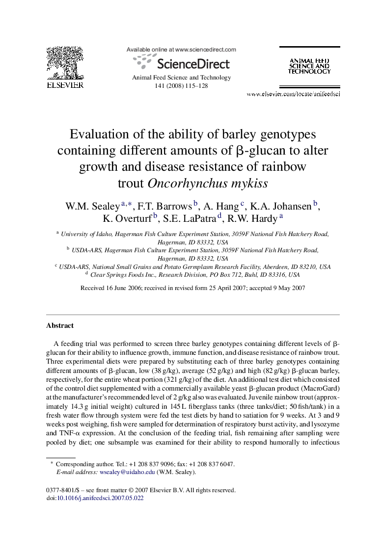 Evaluation of the ability of barley genotypes containing different amounts of β-glucan to alter growth and disease resistance of rainbow trout Oncorhynchus mykiss
