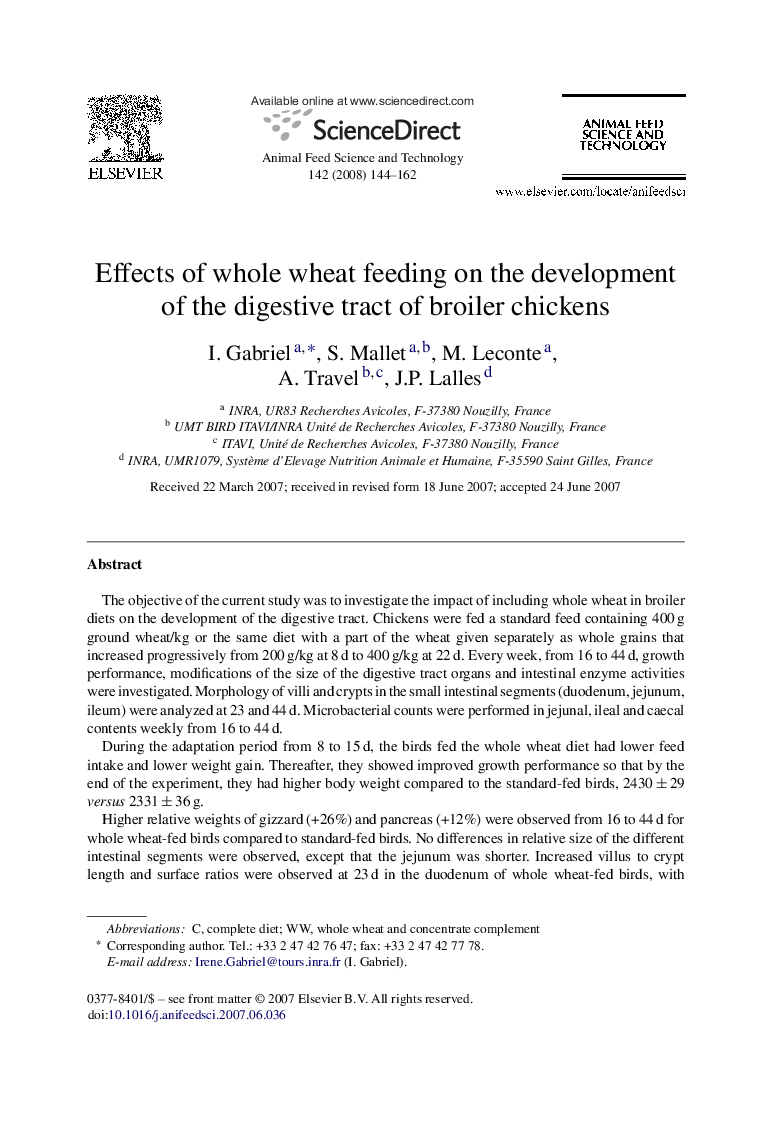 Effects of whole wheat feeding on the development of the digestive tract of broiler chickens