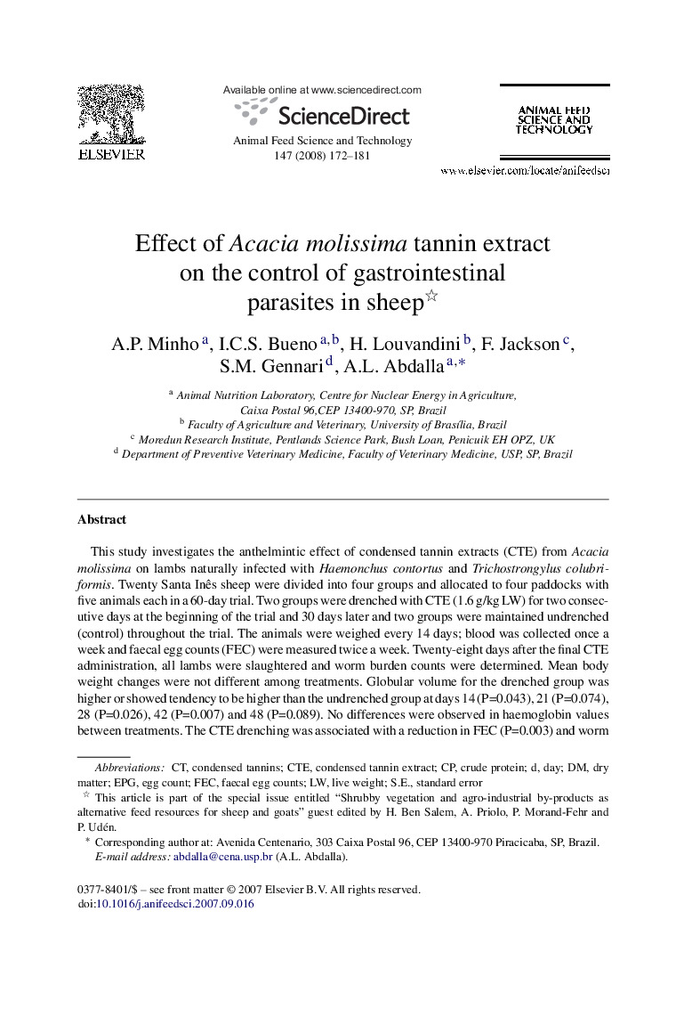 Effect of Acacia molissima tannin extract on the control of gastrointestinal parasites in sheep 