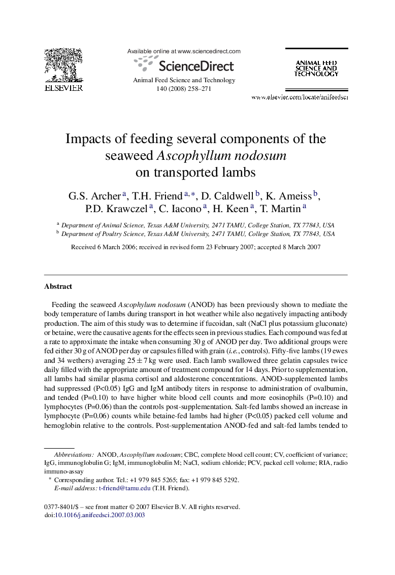 Impacts of feeding several components of the seaweed Ascophyllum nodosum on transported lambs