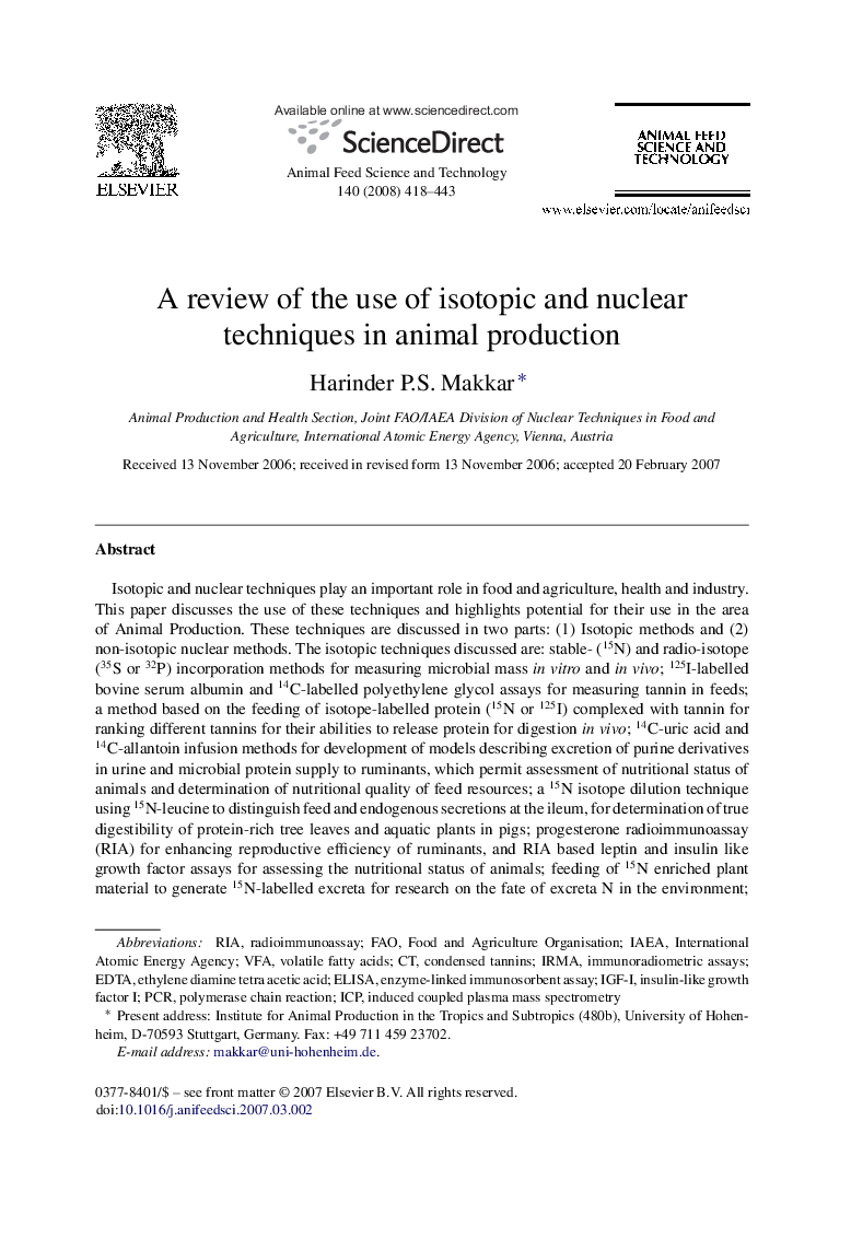 A review of the use of isotopic and nuclear techniques in animal production