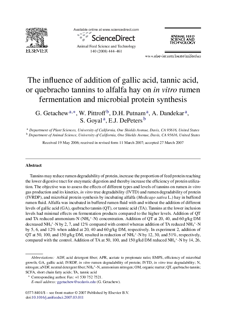 The influence of addition of gallic acid, tannic acid, or quebracho tannins to alfalfa hay on in vitro rumen fermentation and microbial protein synthesis