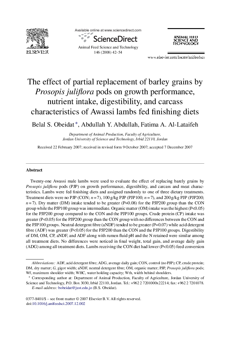 The effect of partial replacement of barley grains by Prosopis juliflora pods on growth performance, nutrient intake, digestibility, and carcass characteristics of Awassi lambs fed finishing diets