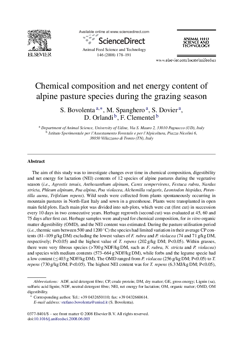 Chemical composition and net energy content of alpine pasture species during the grazing season