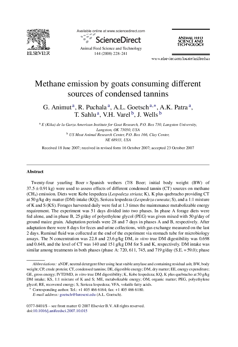 Methane emission by goats consuming different sources of condensed tannins