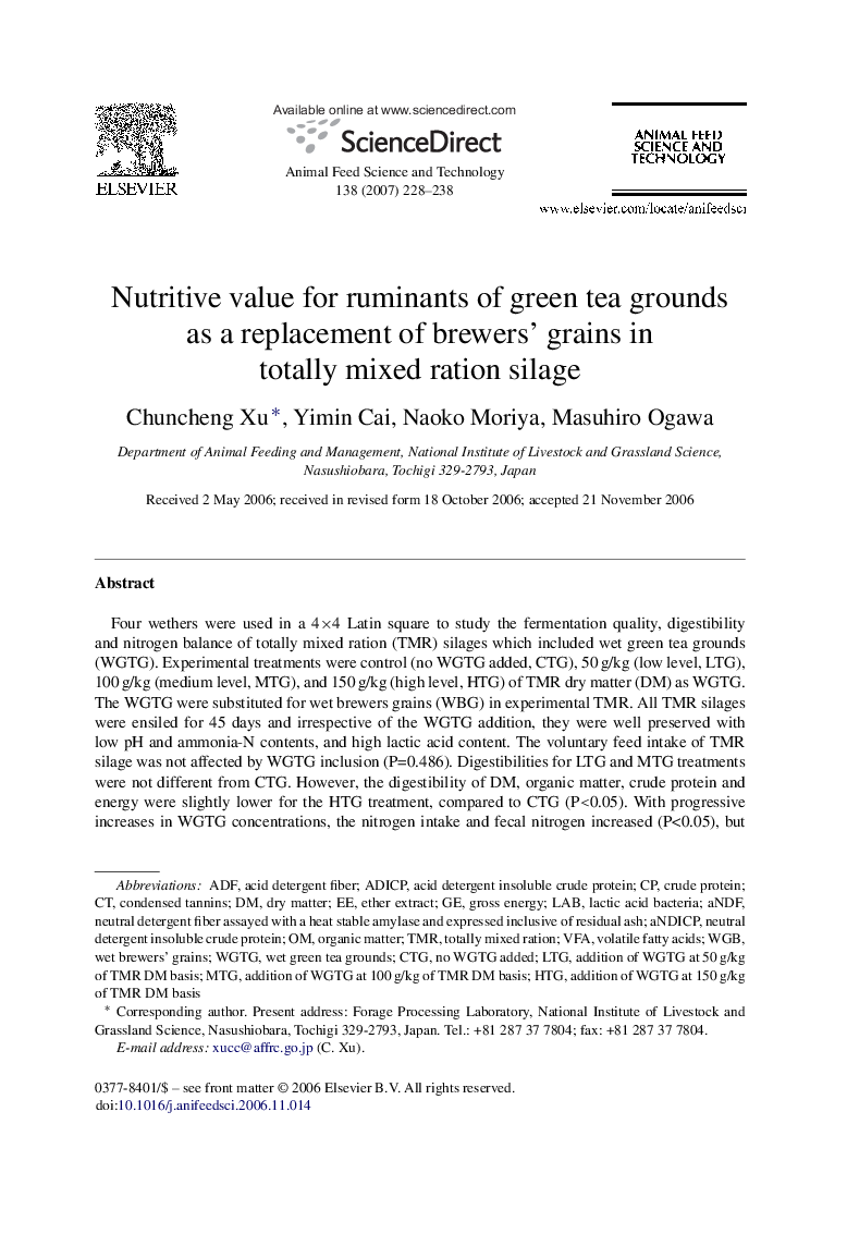 Nutritive value for ruminants of green tea grounds as a replacement of brewers' grains in totally mixed ration silage