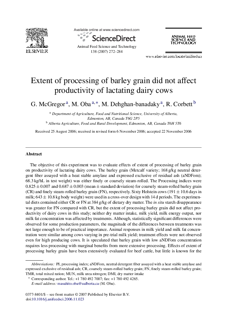 Extent of processing of barley grain did not affect productivity of lactating dairy cows