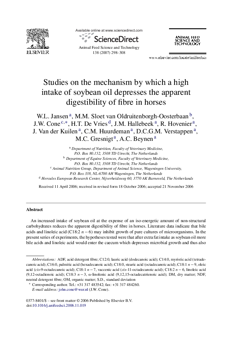 Studies on the mechanism by which a high intake of soybean oil depresses the apparent digestibility of fibre in horses