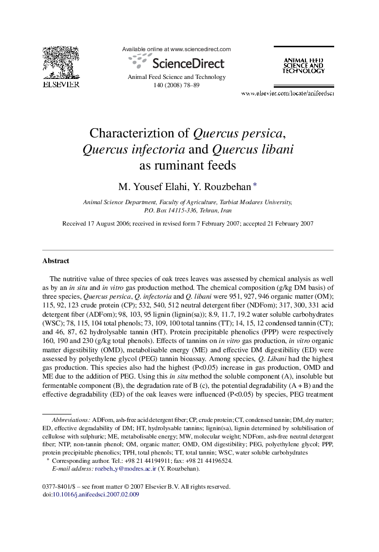 Characteriztion of Quercus persica, Quercus infectoria and Quercus libani as ruminant feeds