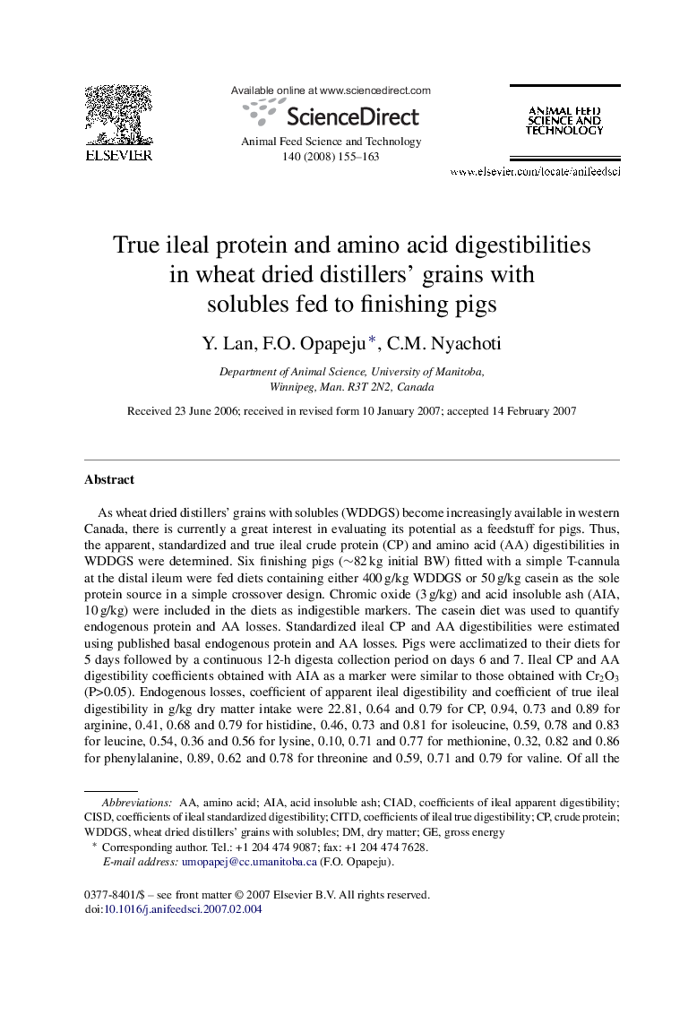 True ileal protein and amino acid digestibilities in wheat dried distillers’ grains with solubles fed to finishing pigs