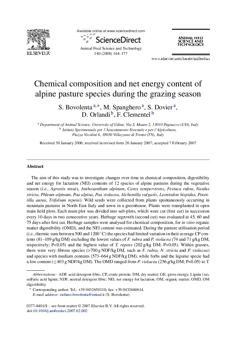 Chemical composition and net energy content of alpine pasture species during the grazing season