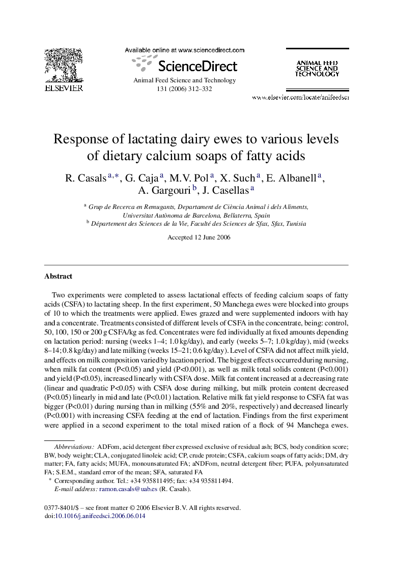 Response of lactating dairy ewes to various levels of dietary calcium soaps of fatty acids