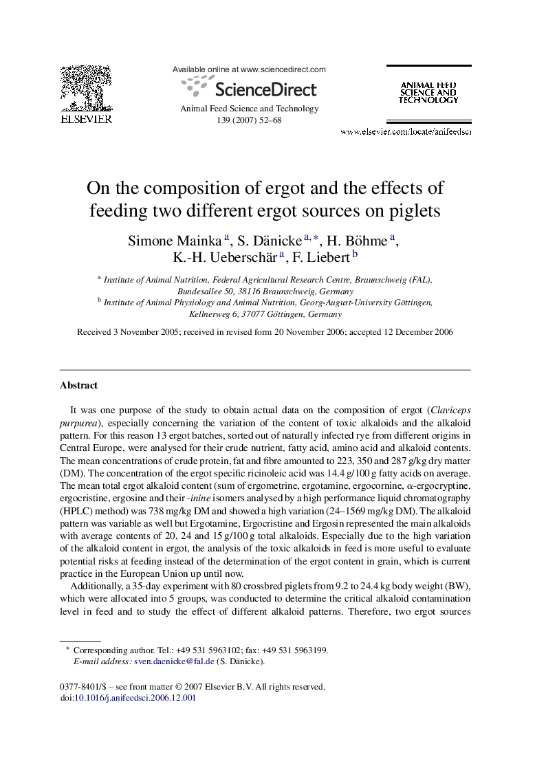 On the composition of ergot and the effects of feeding two different ergot sources on piglets