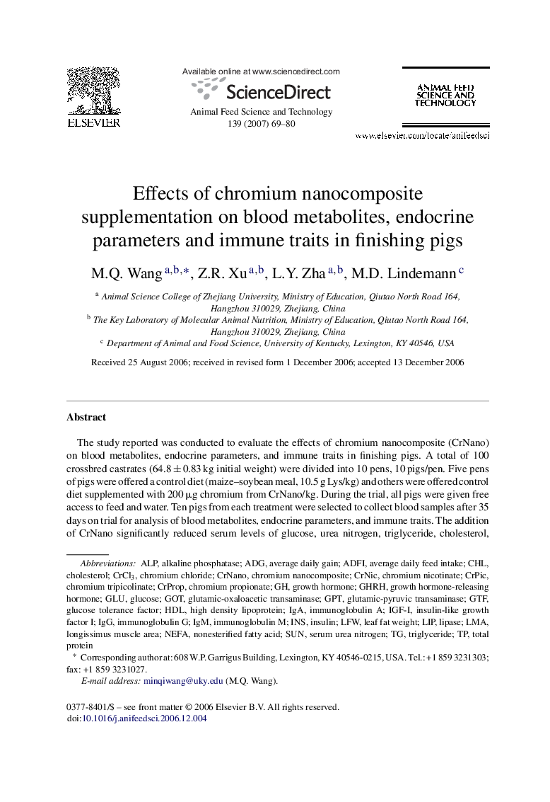 Effects of chromium nanocomposite supplementation on blood metabolites, endocrine parameters and immune traits in finishing pigs