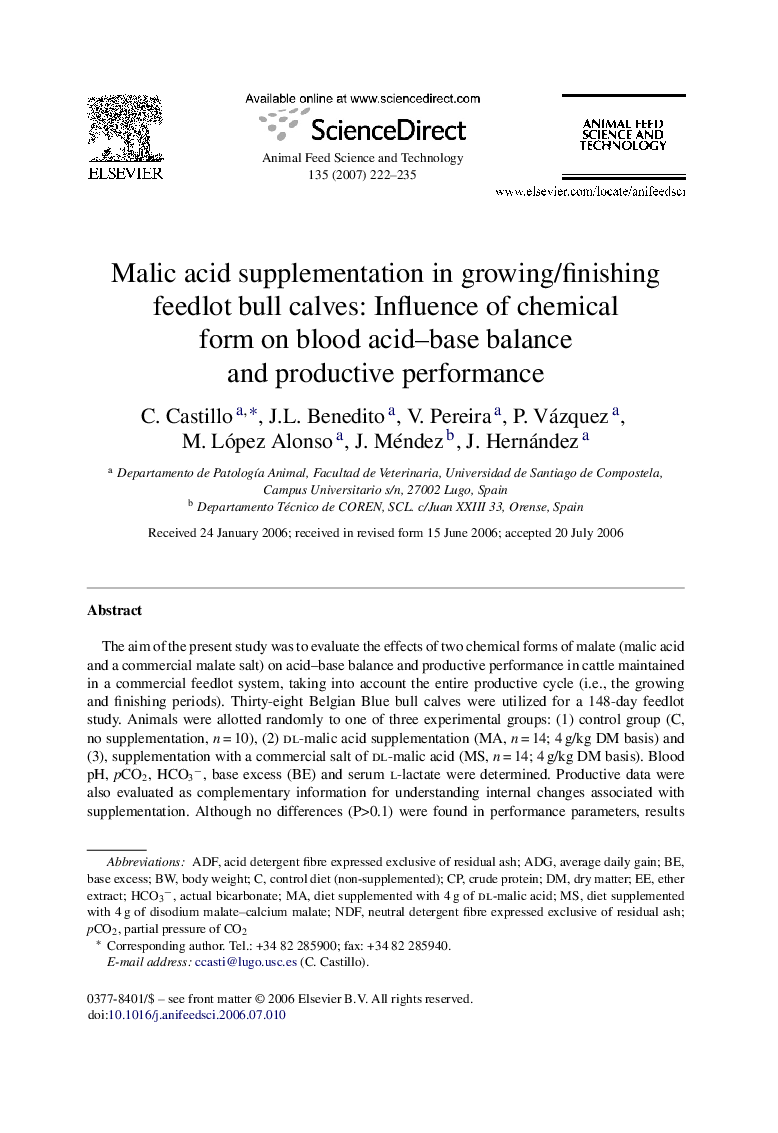 Malic acid supplementation in growing/finishing feedlot bull calves: Influence of chemical form on blood acid-base balance and productive performance